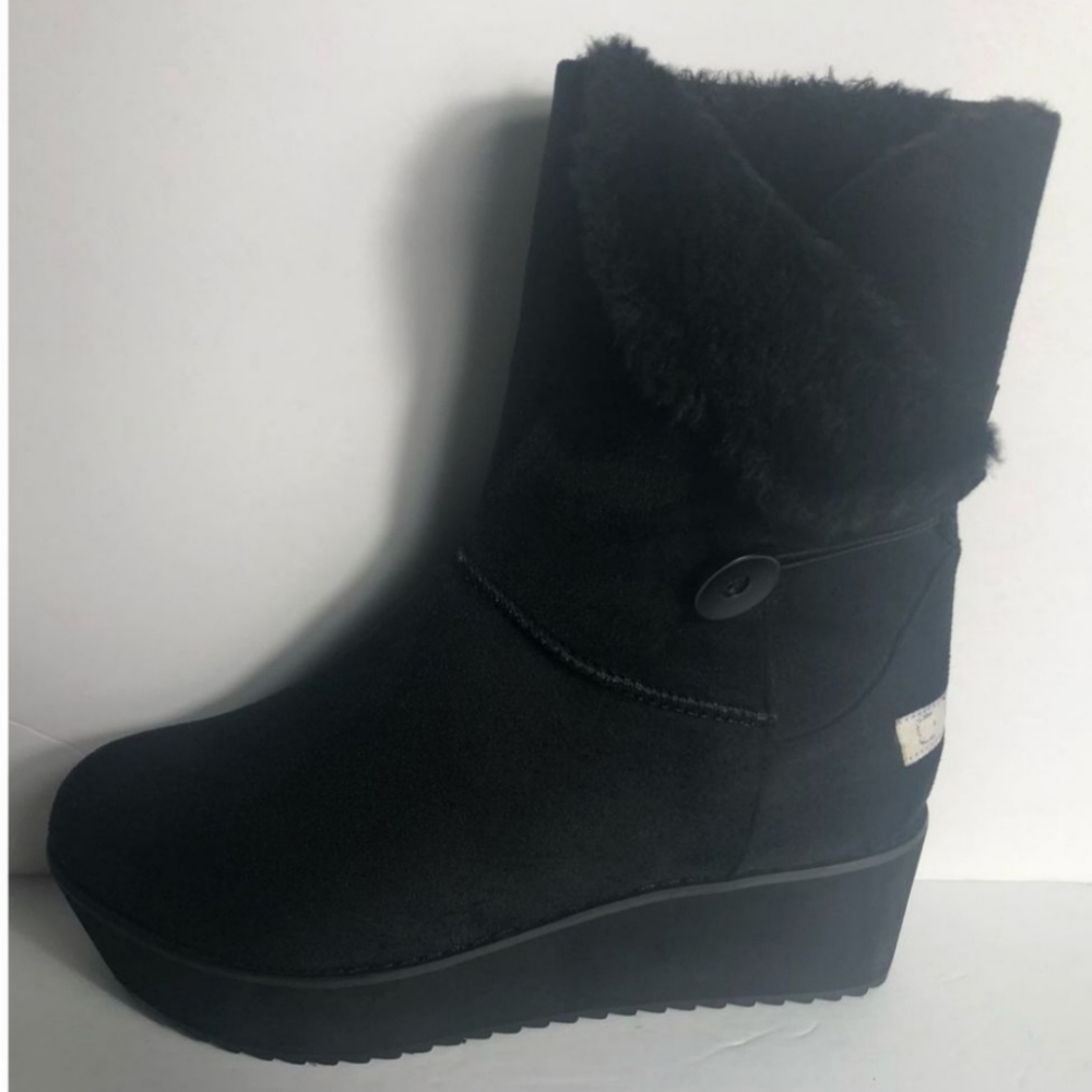 New Womens Size 8 Black Suede Warm Winter Fashion Wedge Snow Casual Boots - Picture 3 of 6